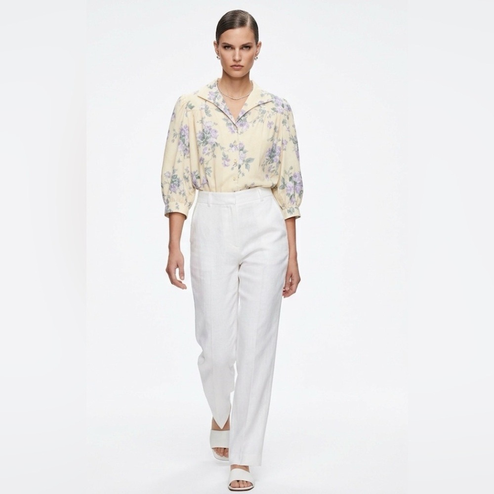 Simple Retro Floral Lyocell Blouse Yellow Purple Puff 3/4 Sleeve 55198 Small